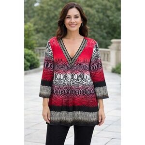 Essentials Tunic Top Women's 1X 3/4 Sleeve V Neck Pullover Embellished Red Black